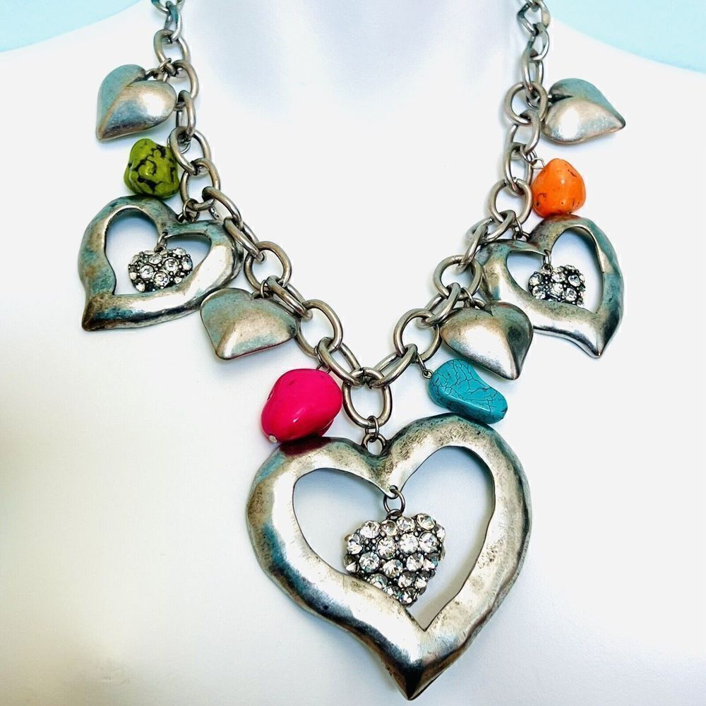 Chunky Statement Charm Dangle Bib Puffy Hearts Rhinestone Pink Blu Necklace 4517
